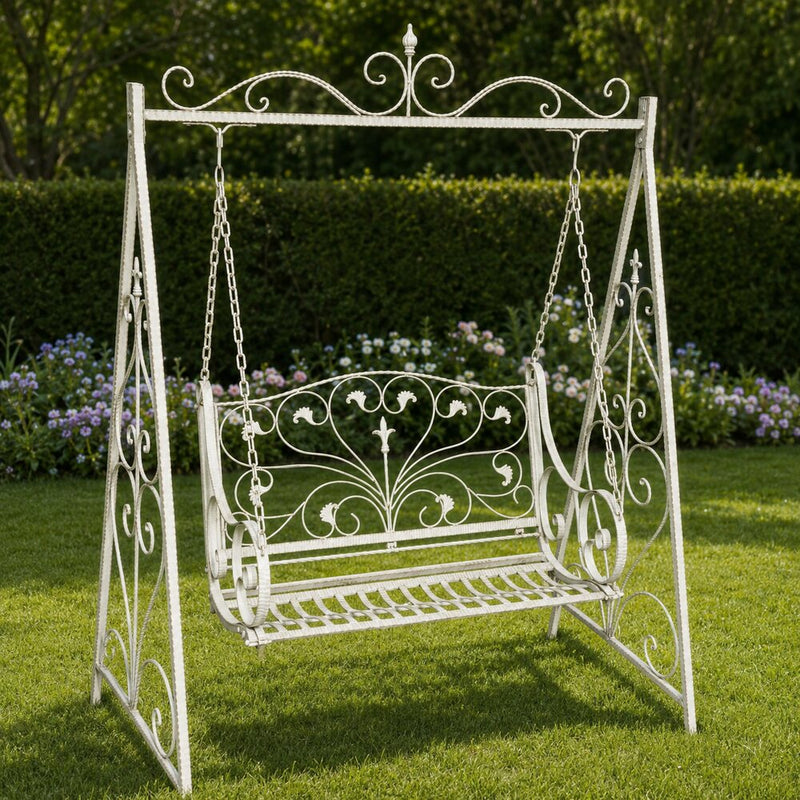 Rustiek witte ijzeren schommelbank – 145 × 205 cm