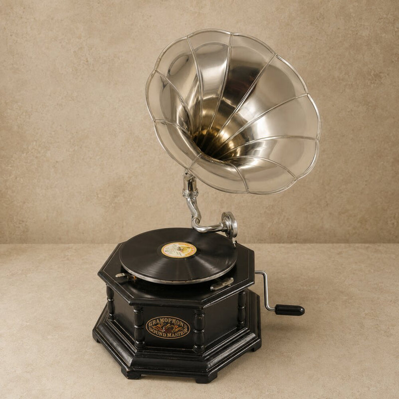 Grammofoon Nikkel met Achthoekige Hoorn – Vintage Stijl