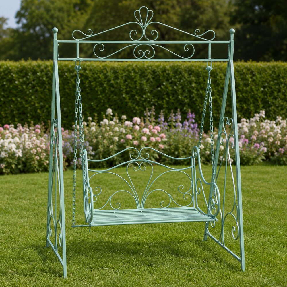 Hoge rustiek groene ijzeren schommelbank – 150 × 223 cm