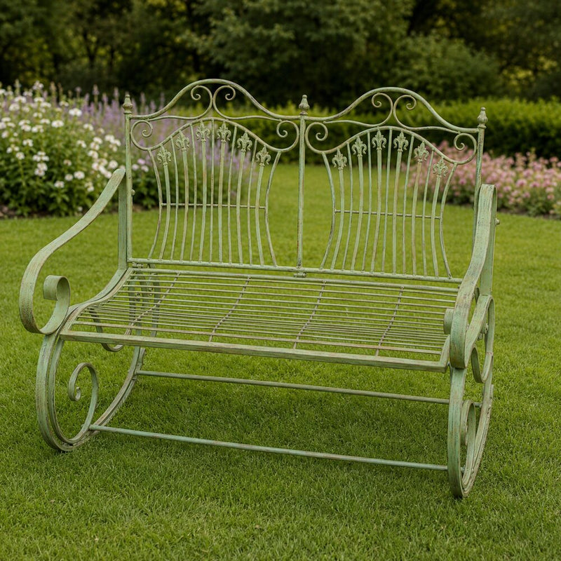 Rustiek groene ijzeren schommelbank compact – 120 × 90 cm