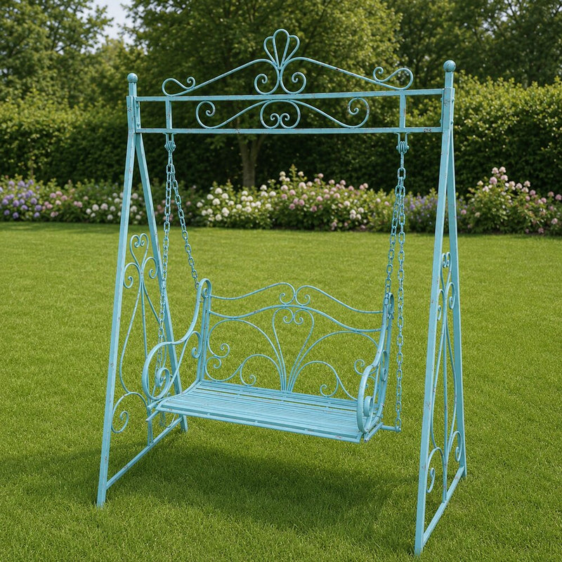 Vintage ijzeren schommelbank rustiek blauw – 150 × 223 cm