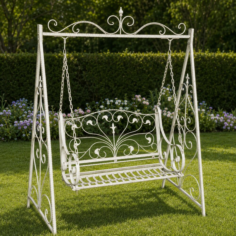 Rustiek witte ijzeren schommelbank – 145 × 205 cm