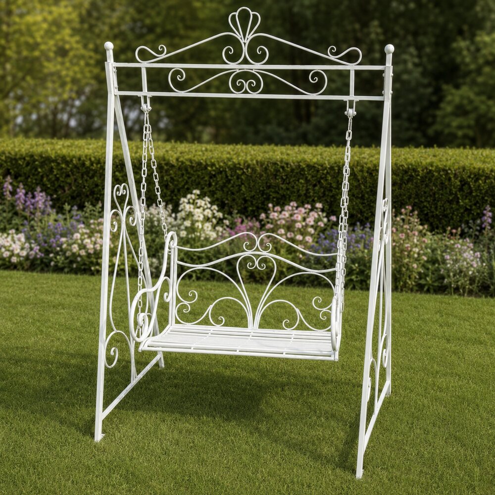 Hoge rustiek witte ijzeren schommelbank – 150 × 223 cm – vooraanzicht