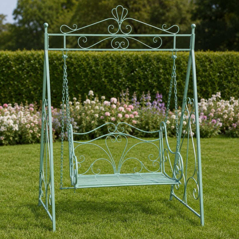 Hoge rustiek groene ijzeren schommelbank – 150 × 223 cm
