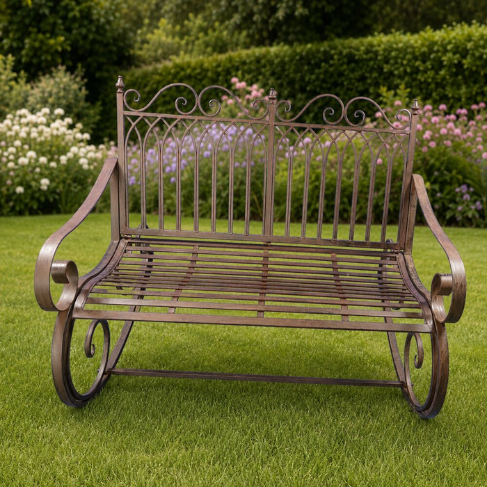 Rustiek bruine ijzeren schommelbank compact – 118 × 90 cm – vooraanzicht