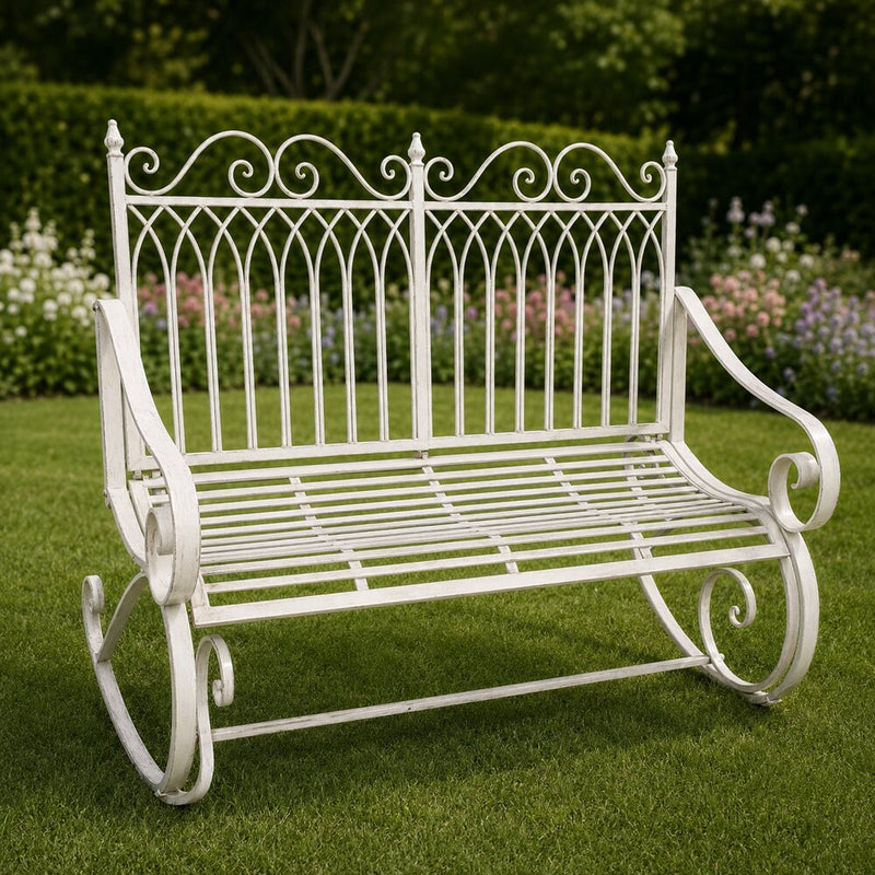 Compacte witte ijzeren schommelbank – 118 × 90 cm